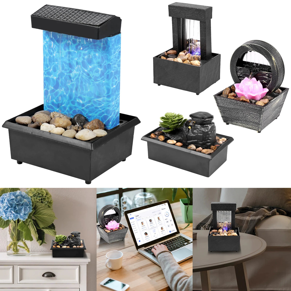 Tabletop Waterfall Decor Light Small USB Operated Mini Indoor Water Fountain Decorative Creative Flowing Water Fountain Ornament