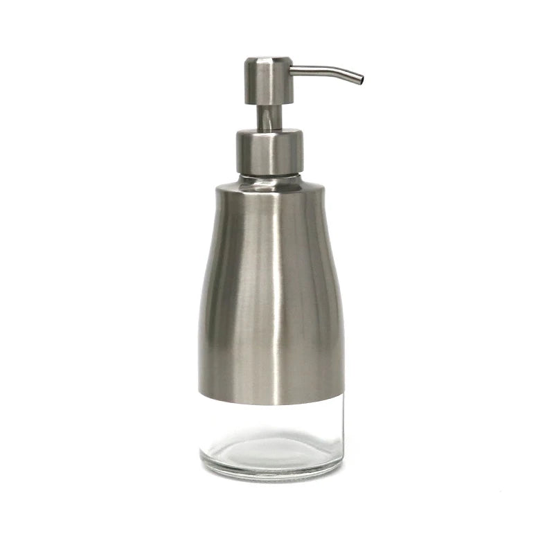 Soap Dispenser, Brushed Nickel Stainless Steel Case Glass Liner Hand Pump Dispenser, Refillable Liquid Hand Soap Dispenser