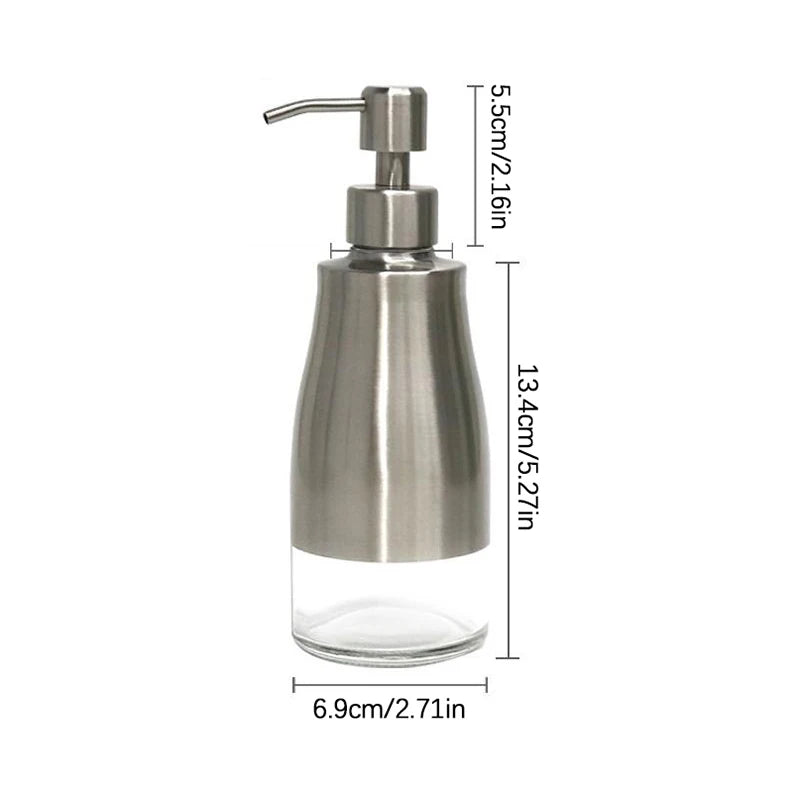 Soap Dispenser, Brushed Nickel Stainless Steel Case Glass Liner Hand Pump Dispenser, Refillable Liquid Hand Soap Dispenser
