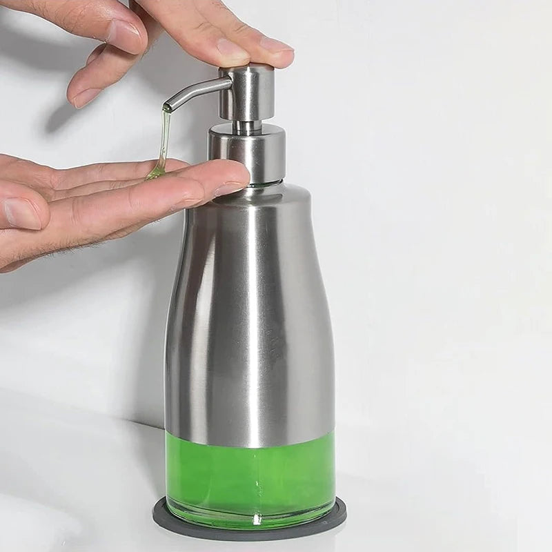 Soap Dispenser, Brushed Nickel Stainless Steel Case Glass Liner Hand Pump Dispenser, Refillable Liquid Hand Soap Dispenser