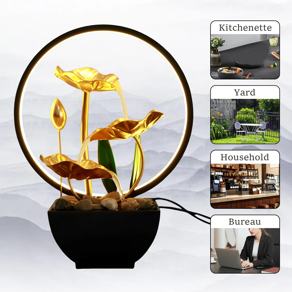 Tabletop Water Fountain USB Powered Tabletop Fountain with LED Ring Lights Decor Flowing Water Ornaments for Home Office