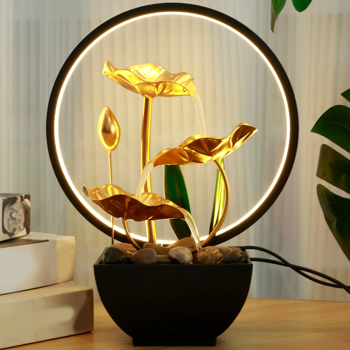 Tabletop Water Fountain USB Powered Tabletop Fountain with LED Ring Lights Decor Flowing Water Ornaments for Home Office