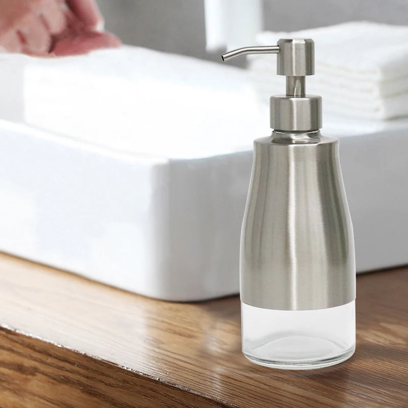 Soap Dispenser, Brushed Nickel Stainless Steel Case Glass Liner Hand Pump Dispenser, Refillable Liquid Hand Soap Dispenser