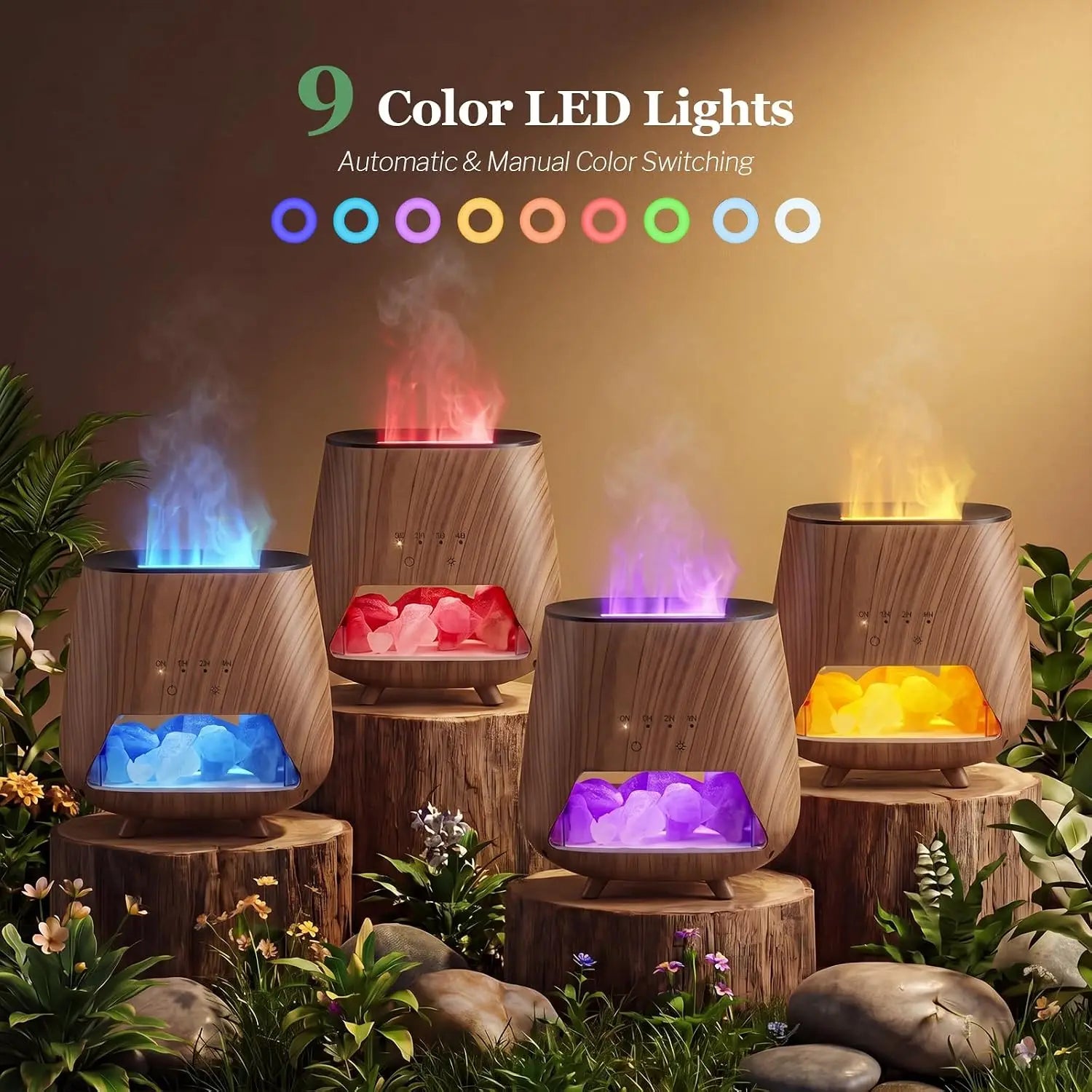 4-in-1 Himalayan Salt Lamp Essential Oil Diffuser — 200ml Cool Mist with Flame LED