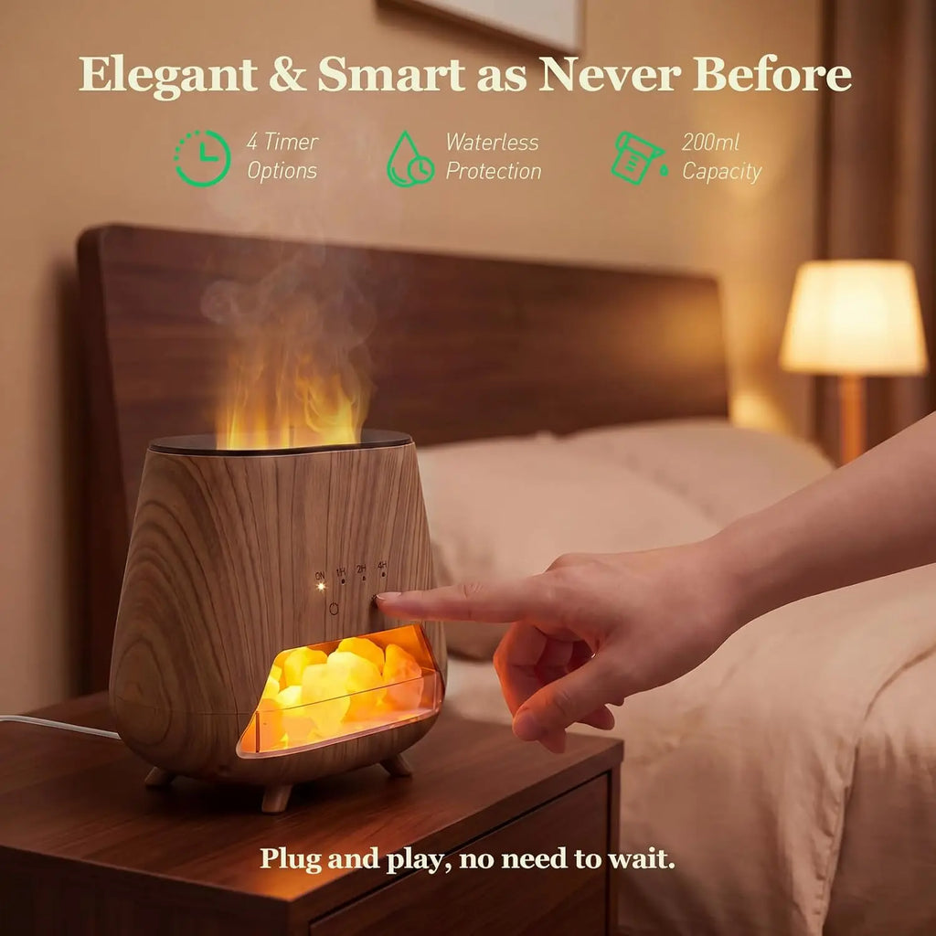 4-in-1 Himalayan Salt Lamp Essential Oil Diffuser — 200ml Cool Mist with Flame LED