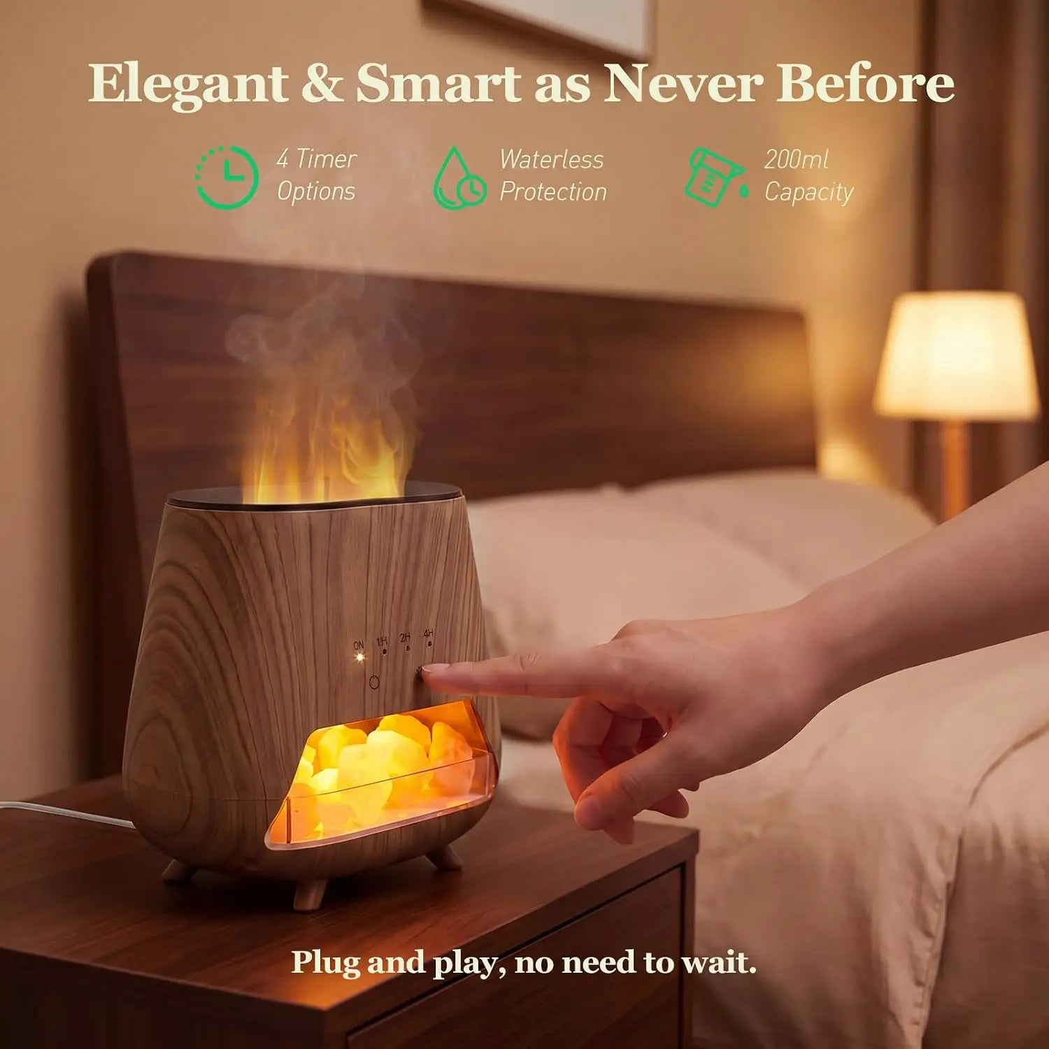 4-in-1 Himalayan Salt Lamp Essential Oil Diffuser — 200ml Cool Mist with Flame LED