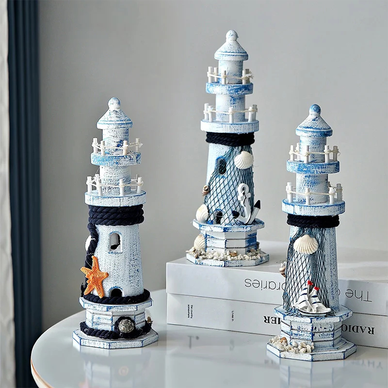 Mediterranean Style Wooden Lighthouse Vintage Distressed Lookout Tower Ornament Home Decor for Entryway Living Room