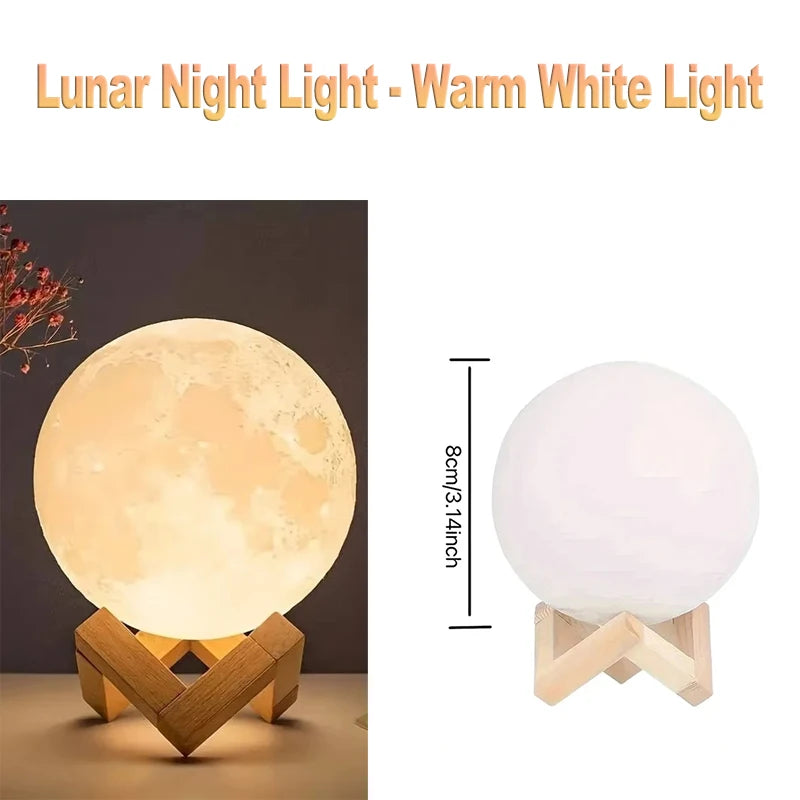 Lunar LED Night Light, Dimmable Bedroom Lamp, USB Powered Ambient Lighting for Desk, Camping, Gift, 3 Color Changing Mood Lamp