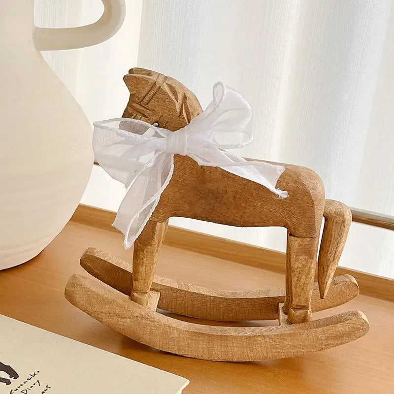 1Pc Handcrafted Wooden Rocking Horse Vintage Table Decor Nursery Room Ornament Kids Room Desktop Tabletop Home Decor