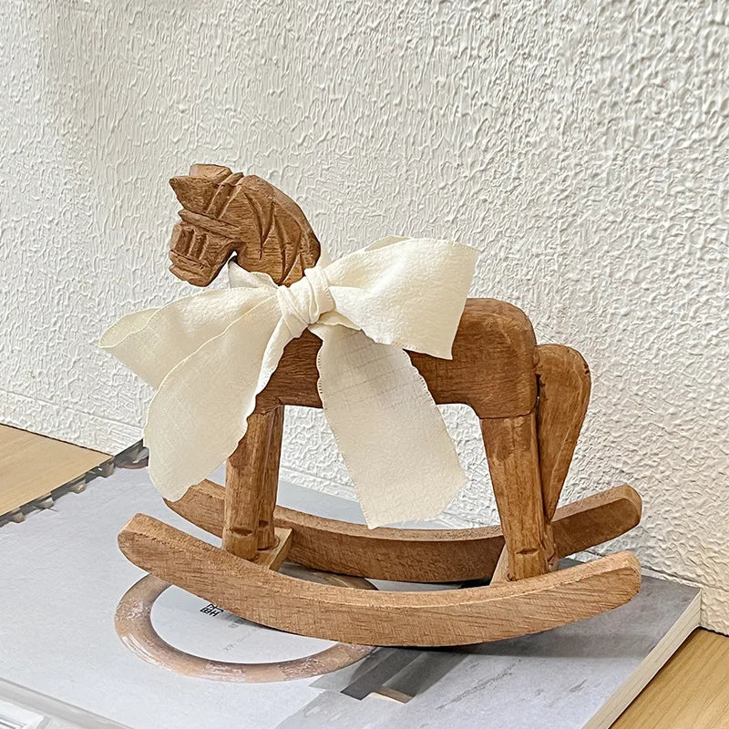 1Pc Handcrafted Wooden Rocking Horse Vintage Table Decor Nursery Room Ornament Kids Room Desktop Tabletop Home Decor