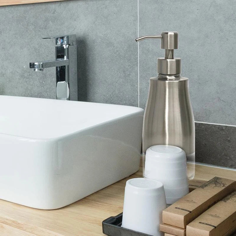 Soap Dispenser, Brushed Nickel Stainless Steel Case Glass Liner Hand Pump Dispenser, Refillable Liquid Hand Soap Dispenser