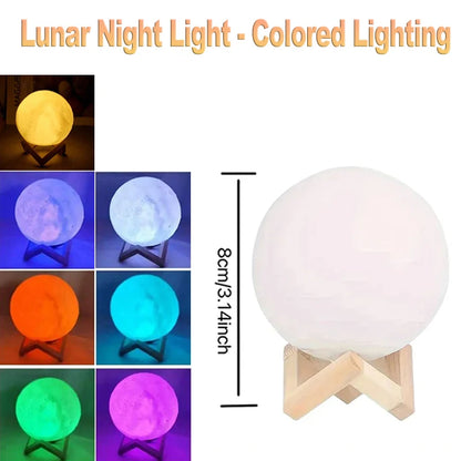 Lunar LED Night Light, Dimmable Bedroom Lamp, USB Powered Ambient Lighting for Desk, Camping, Gift, 3 Color Changing Mood Lamp