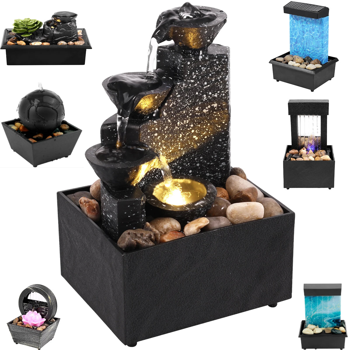Tabletop Waterfall Home Decor Relaxation Meditation Desktop Fountain Lights Flowing Water Ornaments Mother&