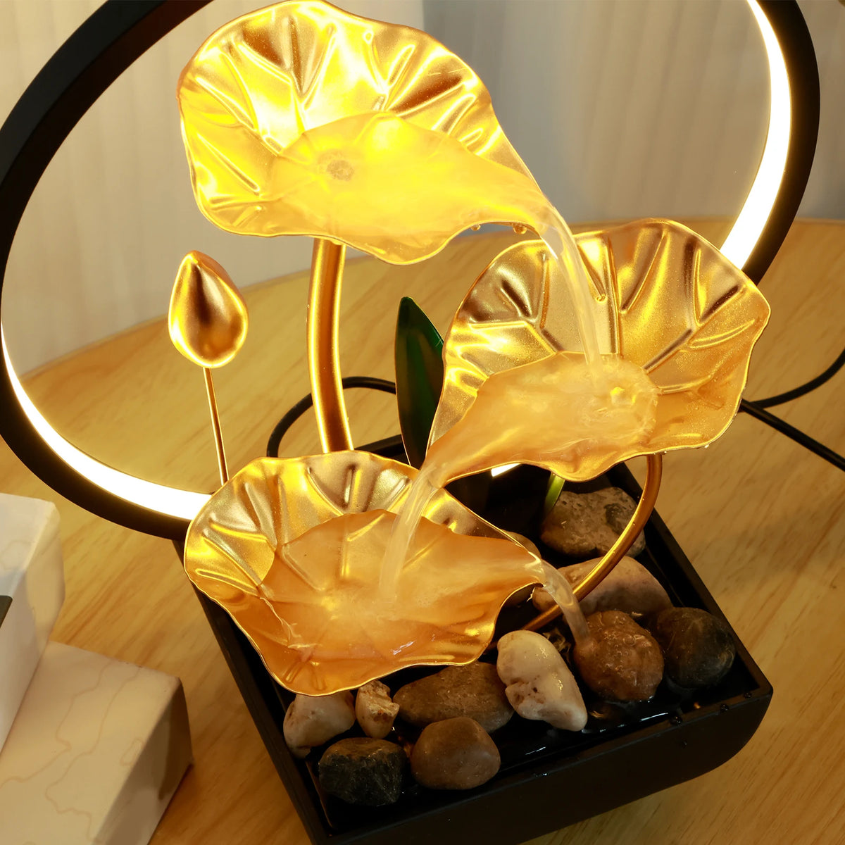 Tabletop Water Fountain USB Powered Tabletop Fountain with LED Ring Lights Decor Flowing Water Ornaments for Home Office