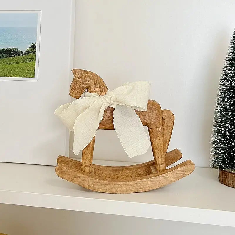 1Pc Handcrafted Wooden Rocking Horse Vintage Table Decor Nursery Room Ornament Kids Room Desktop Tabletop Home Decor