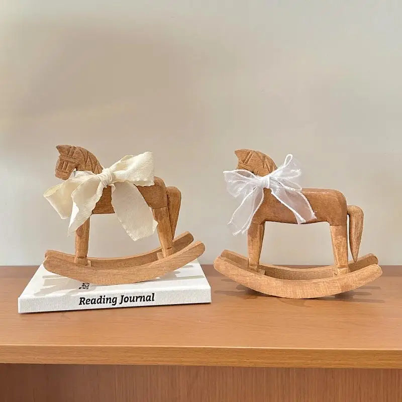 1Pc Handcrafted Wooden Rocking Horse Vintage Table Decor Nursery Room Ornament Kids Room Desktop Tabletop Home Decor