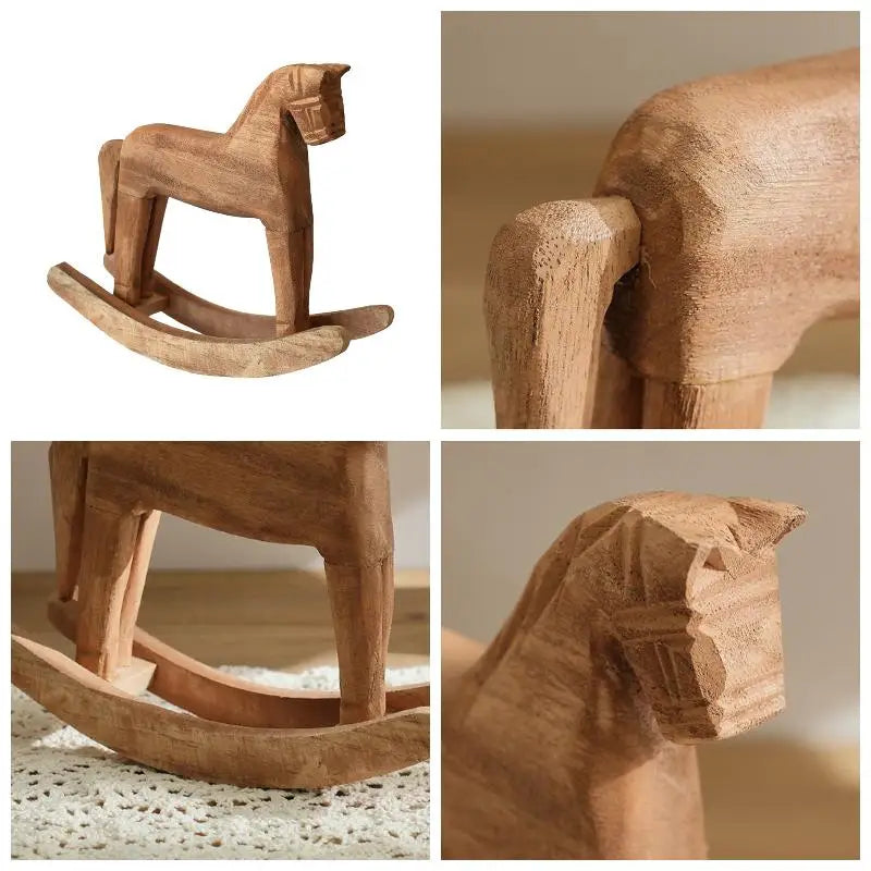 1Pc Handcrafted Wooden Rocking Horse Vintage Table Decor Nursery Room Ornament Kids Room Desktop Tabletop Home Decor