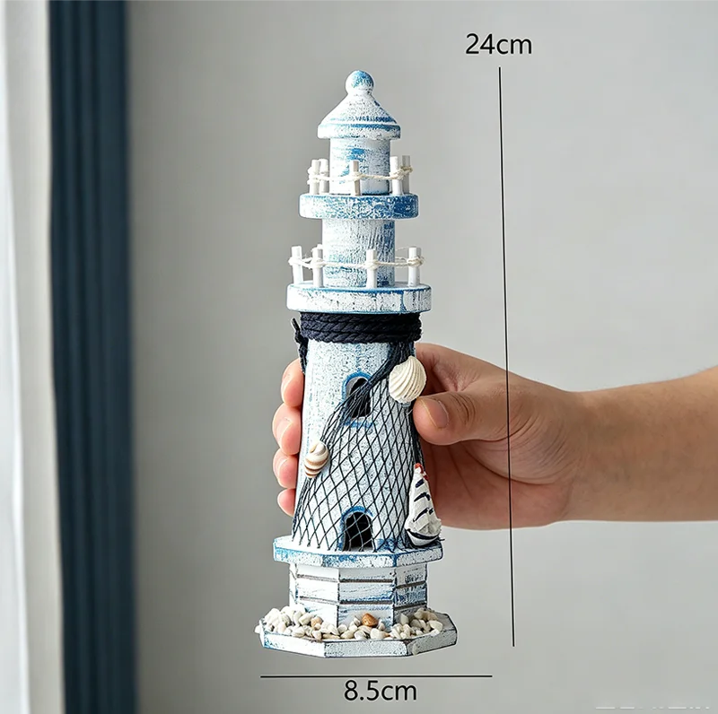 Mediterranean Style Wooden Lighthouse Vintage Distressed Lookout Tower Ornament Home Decor for Entryway Living Room