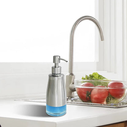 Soap Dispenser, Brushed Nickel Stainless Steel Case Glass Liner Hand Pump Dispenser, Refillable Liquid Hand Soap Dispenser