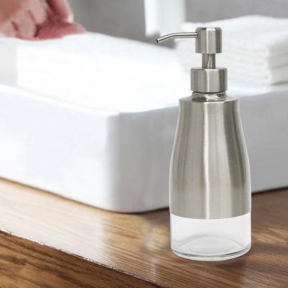 Soap Dispenser, Brushed Nickel Stainless Steel Case Glass Liner Hand Pump Dispenser, Refillable Liquid Hand Soap Dispenser