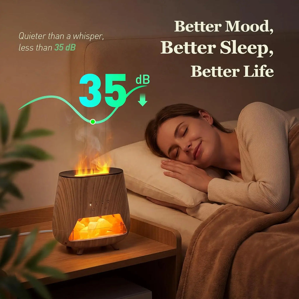 4-in-1 Himalayan Salt Lamp Essential Oil Diffuser — 200ml Cool Mist with Flame LED